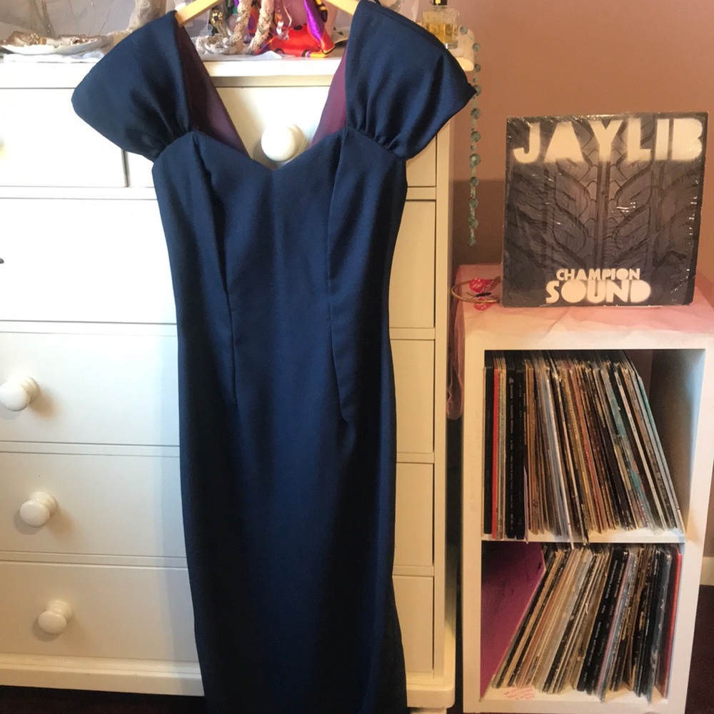 True Vintage 90’s Navy Blue Bow Sheath Dress Gown Maxi Sweetheart USA Union Made